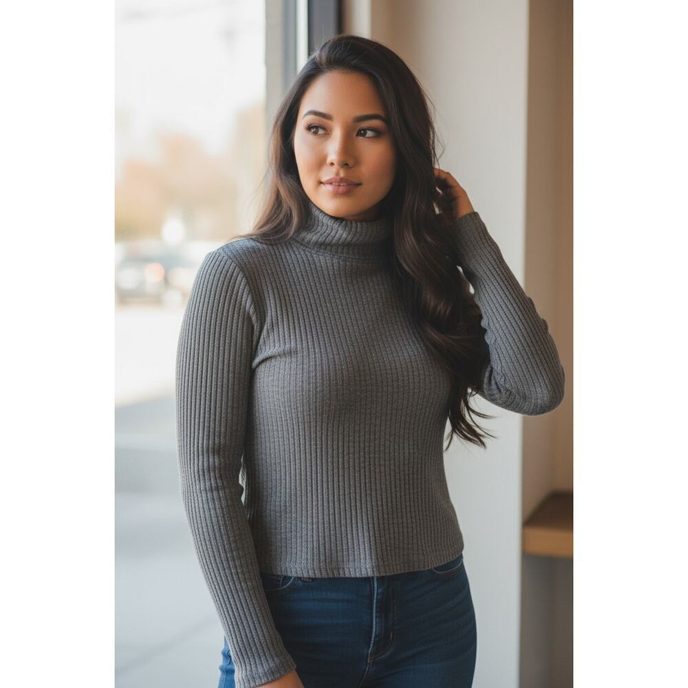 Planet Gold Gray Ribbed Turtleneck Long Sleeve Top Size S/M
